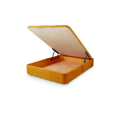 Cama estofada com compartimento de armazenamento aberto, tecido castanho alaranjado.