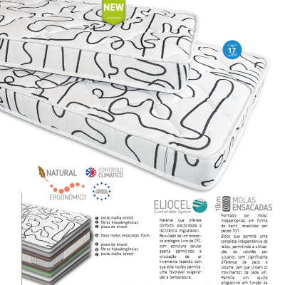 Colchão branco com padrão preto da marca Mindol, esquisso do interior e ícones de características