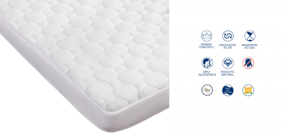 Colchão branco matelassado com ícones de características do produto