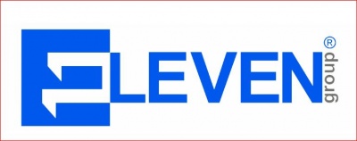 Logotipo azul e branco com texto LEVEN group e símbolo registered