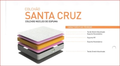 Colchão Santa Cruz com várias camadas coloridas e características técnicas listadas