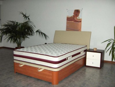 Cama com colchão branco e cabeceira bege ao lado de mesa de cabeceira com plantas e parede branca