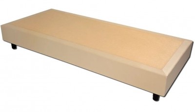 cama individual estofada bege claro com pés pretos