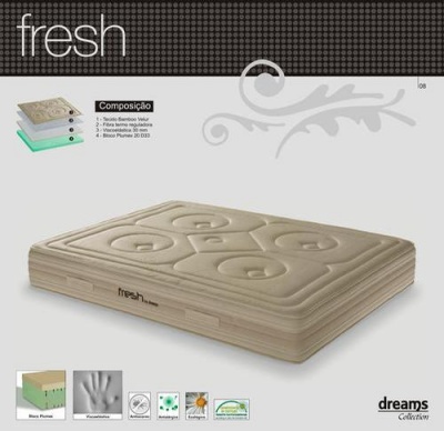 Colchão fresh bege com padrão em relevo e informações de composição e características