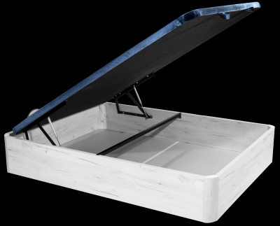 Caixa de arrumação de cama com tampa estofada azul levantada