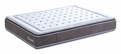 Colchão rectangular branco e cinza com padrão e etiqueta 'Premium'