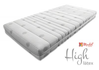 Colchão branco com padrão acolchoado e texto Mindol GRUPO High látex