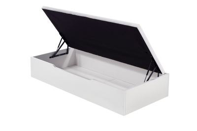 Cama com arrumação branca e tampa preta aberta