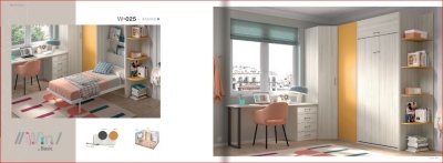 Quarto moderno com cama, mesa de estudo, estante, armário e janela grande