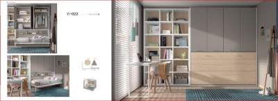 Quarto moderno com cama embutida, estante branca, mesa de escritório e tapete azul.