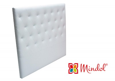 Cabeceira de cama estofada branca com botões e logotipo Mindol