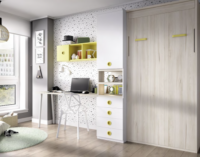 Quarto moderno com mobiliário branco e amarelo, janela grande e papel de parede com pontinhos pretos