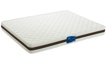 Colchão branco com padrão acolchoado e faixa lateral cinza com etiqueta azul