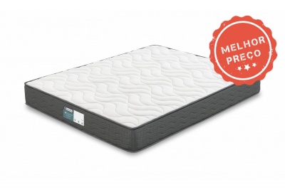 Colchão branco com laterais cinzentas e selo MELHOR PREÇO