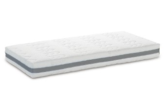 Colchão branco com faixa cinza e padrão texturizado