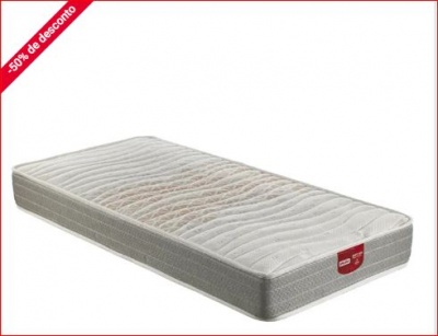 Colchão branco e cinzento com padrão ondulado e promoção -50% de desconto