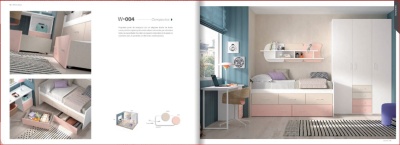 quarto infantil moderno com cama-baú branca e rosa, prateleiras, mesa de estudo e armário branco