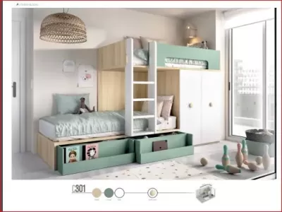 Quarto infantil com camas duplas, armário branco e decoração moderna