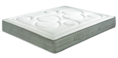 Colchão retangular branco com padrão de círculos e laterais cinza com alças