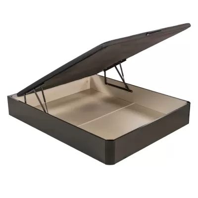 Base de cama preta com arrumação e tampa levantada