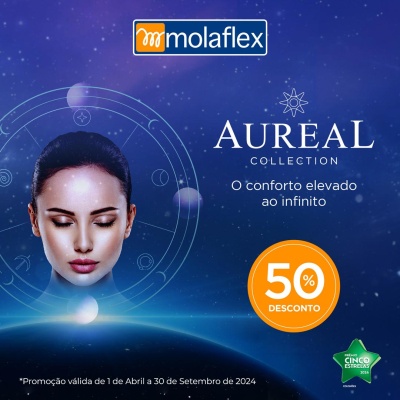 Promoção coleção AUREAL da molaflex com rosto feminino e desconto de 50%