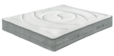 Colchão branco com laterais cinza e alças laterais