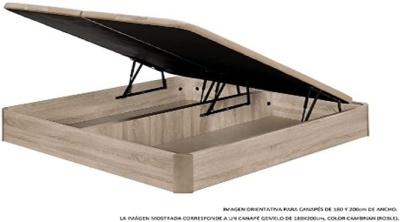 Estrutura de cama em madeira clara com tampo preto elevável e texto em espanhol