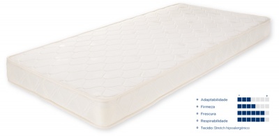 Colchão branco com padrão geométrico, legenda com características e tecido hipoalergénico