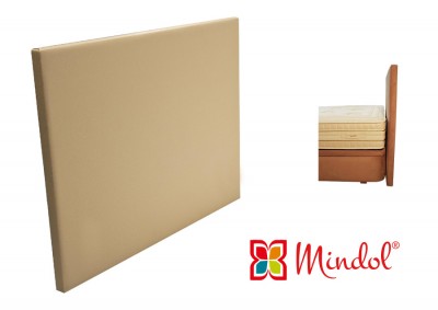 Cabeceira de cama estofada bege com cama e logótipo Mindol