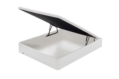 Cama caixa branca com tampa elevatória aberta