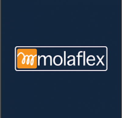 Logótipo molaflex em fundo azul escuro com caixa laranja