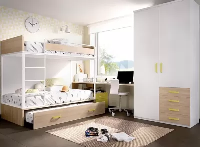 Quarto infantil com cama beliche, secretária e guarda-roupa com gavetas coloridas
