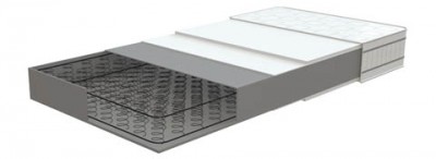 Colchão cortado mostrando molas internas e camadas de espuma branco e cinzento