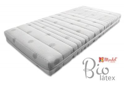 Colchão branco com textura acolchoada e logotipo Bio látex