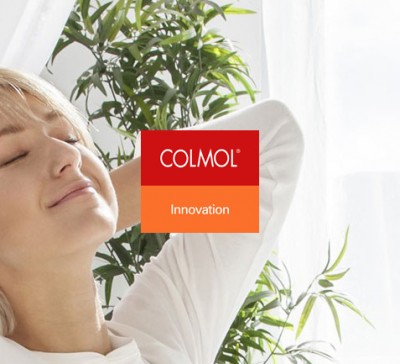 Logótipo COLMOL Innovation sobre imagem de mulher relaxada e plantas verdes