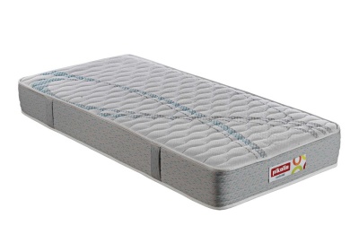 Colchão retangular cinzento com textura ondulada e alças laterais