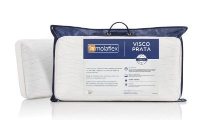 Almofada Molaflex Visco Prata em embalagem transparente com bordas azul escuro, etiqueta azul e branca