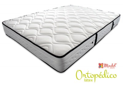 Colchão ortopédico branco com bordas pretas e texto Mindol Sleep Ortopédico látex