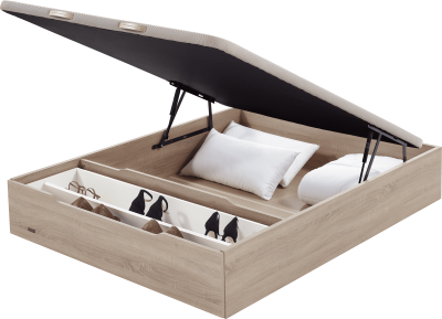 Cama de madeira clara com arrumação e almofadas