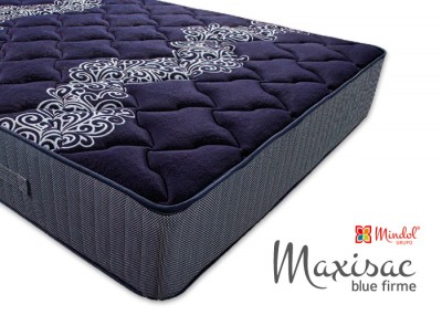 Colchão Maxisac blue firme da Mindol azul escuro com padrão branco e laterais cinzentas