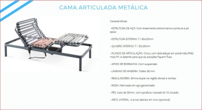 Cama articulada metálica com estrutura preta e lâminas de madeira, destacando características técnicas em fundo branco