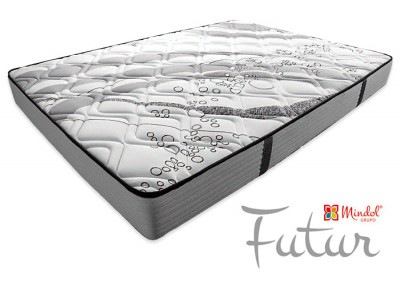 Colchão cinza e branco com padrão de bolhas e flores, com faixas pretas verticais nas laterais