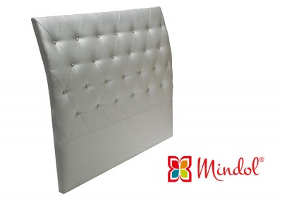 Cabeceira de cama cinza acolchoada com botões decorativos e logotipo Mindol