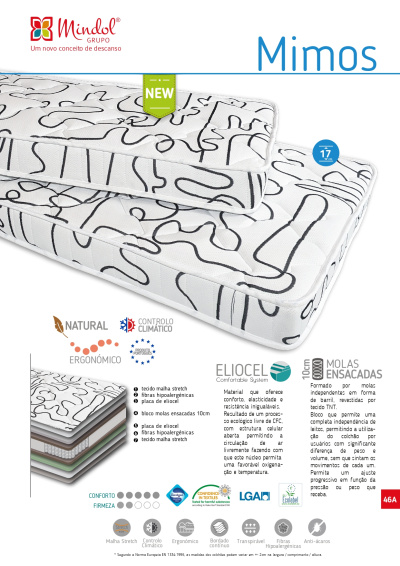 Colchão branco com padrão preto da marca Mindol, esquisso do interior e ícones de características
