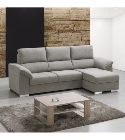 Sofá cinzento de tecido com chaise longue numa sala moderna