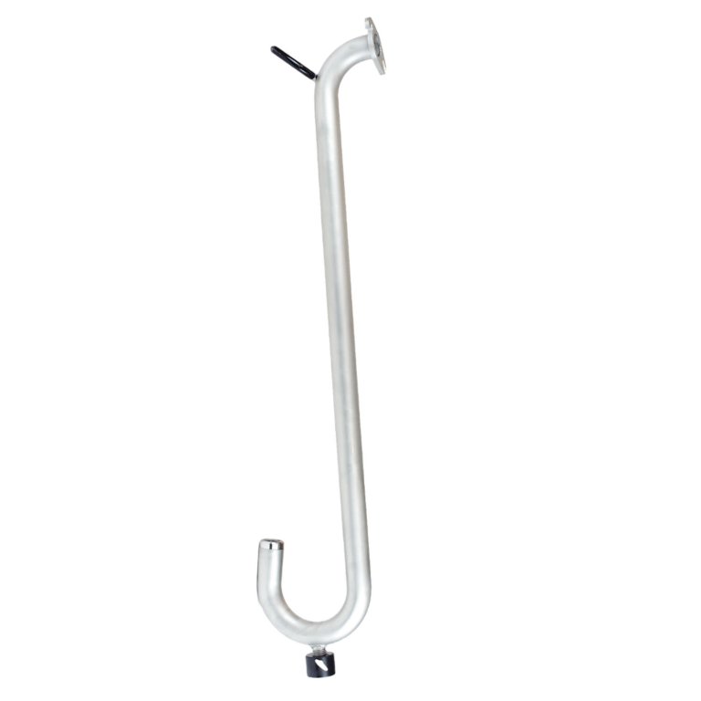 Tubo metálico curvo prateado com suporte e parafuso