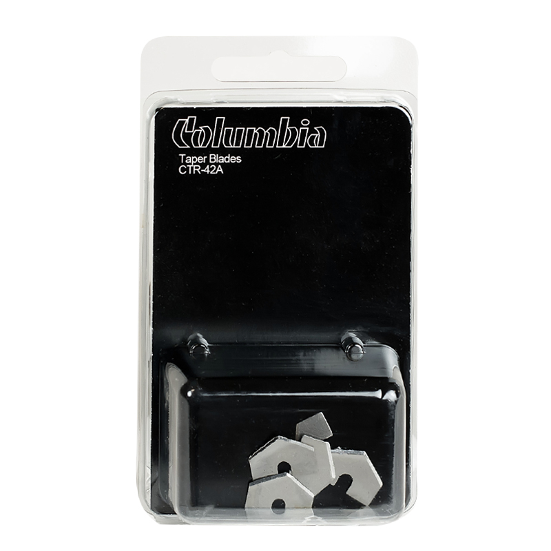 embalagem preta com lâminas metálicas pequenas e texto Columbia Taper Blades