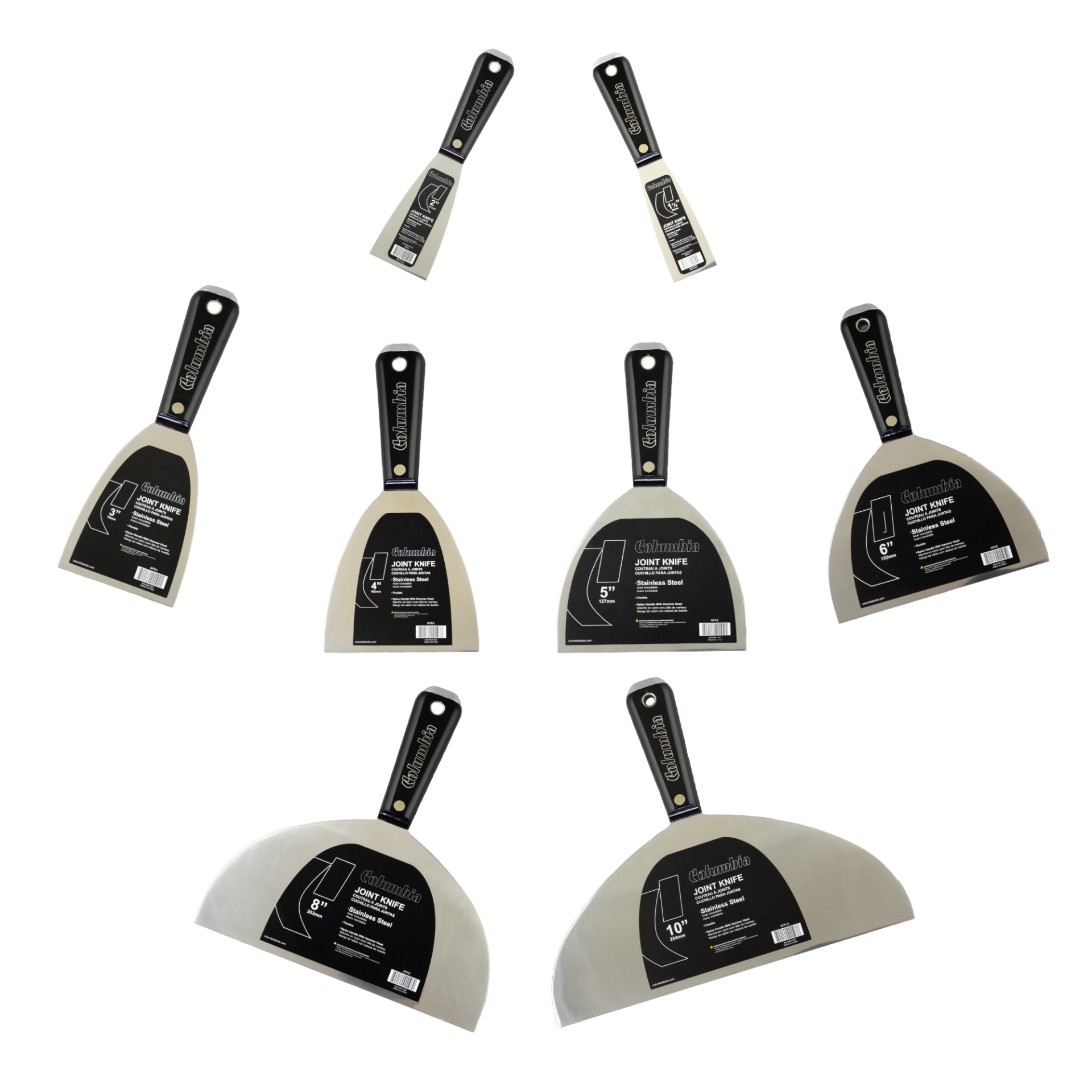Conjunto de oito espátulas JOINT KNIFE Columbia de diferentes tamanhos com lâminas de aço inoxidável e cabos pretos.