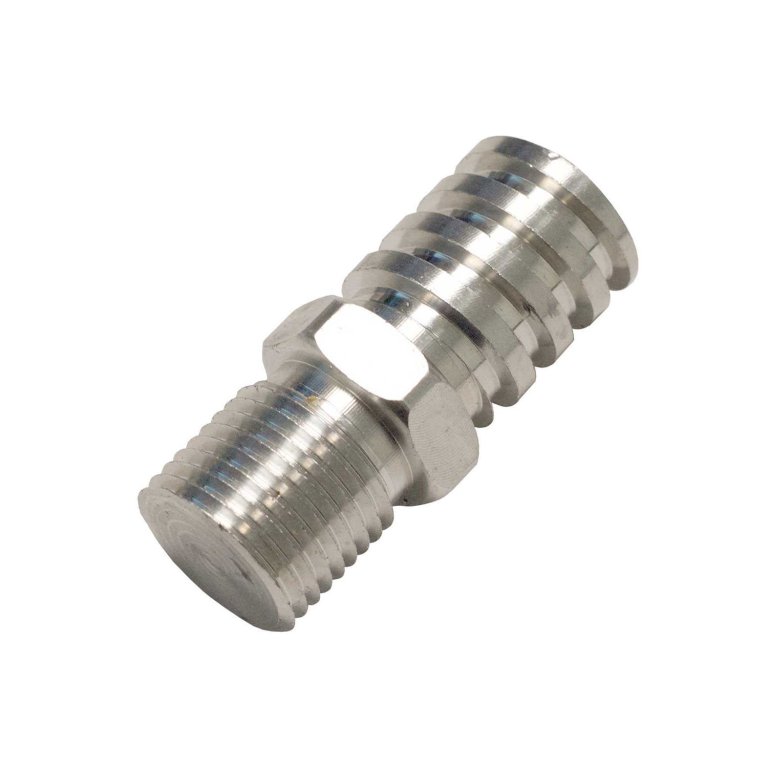 Conector metálico cilíndrico prateado com roscas
