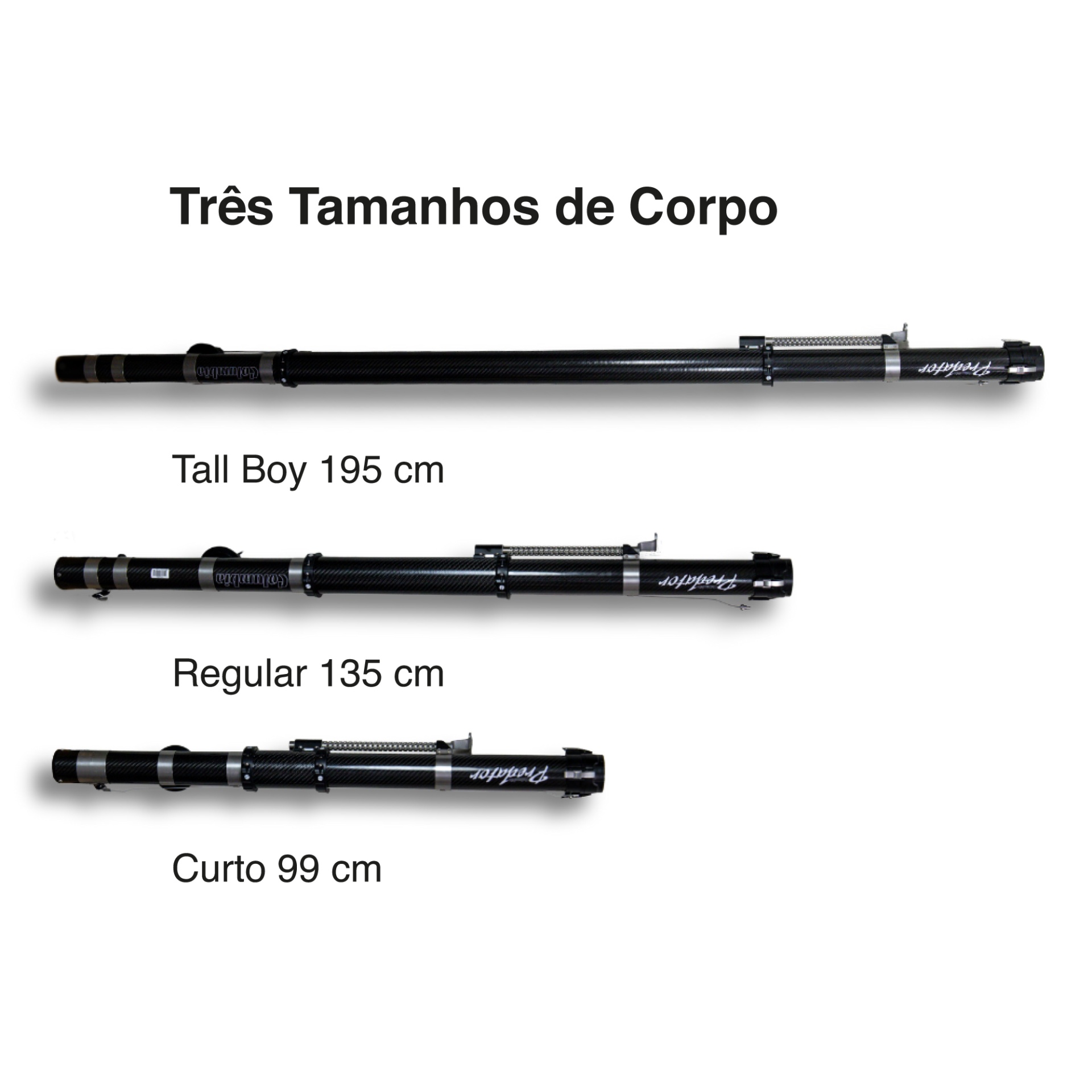 Três varas de pesca pretas de carbono em três tamanhos diferentes